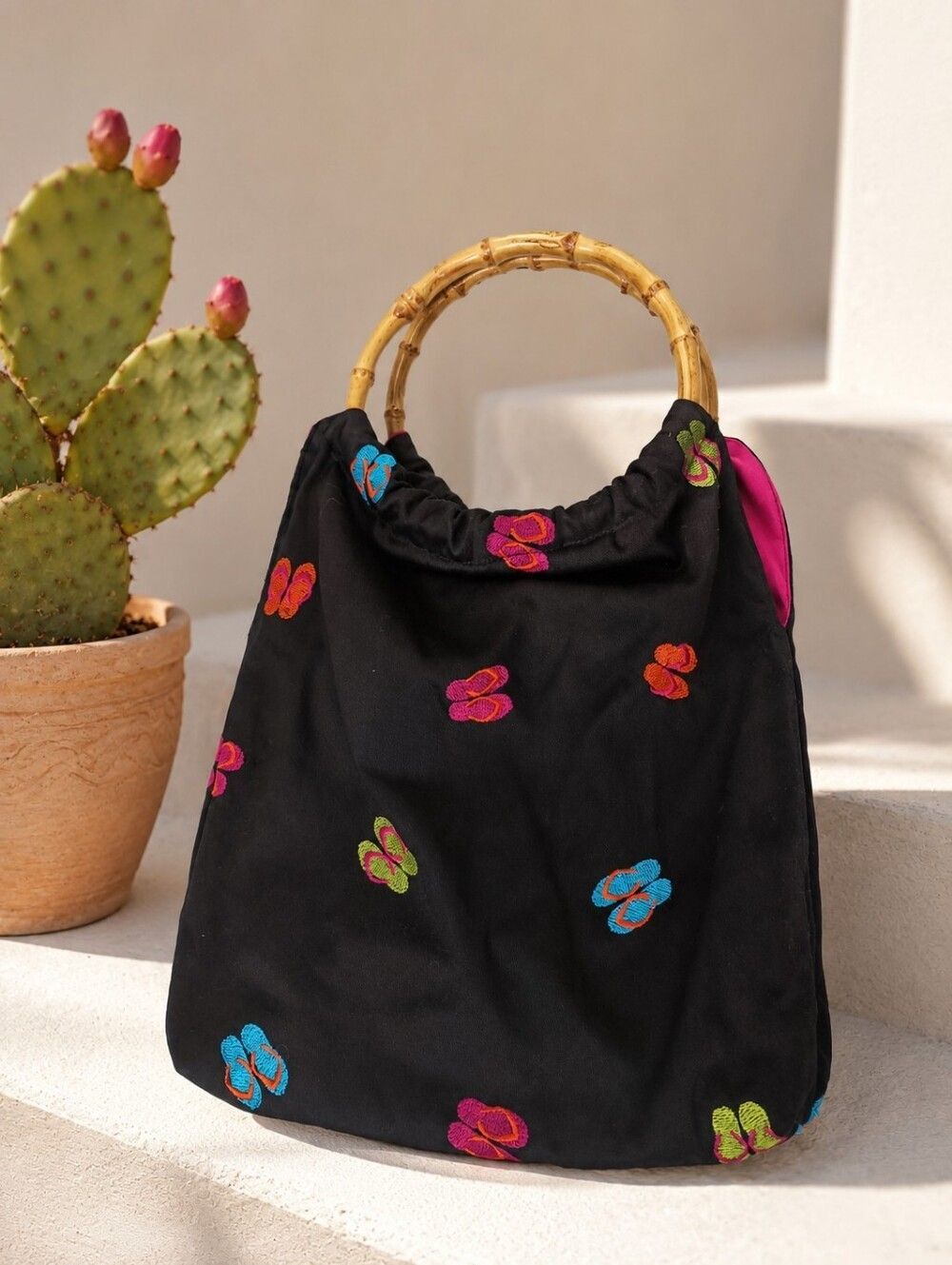 Women's Embroidered Bamboo Handle Handbag Beach Purse Summer